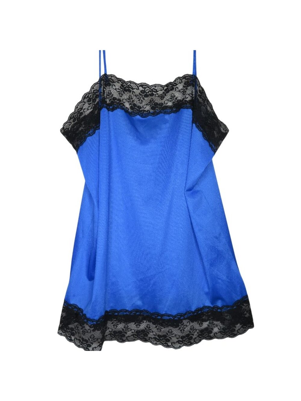 Vintage Blue Nylon Nightgown Black Lace Trim Spaghetti Straps L Elegant USA Made